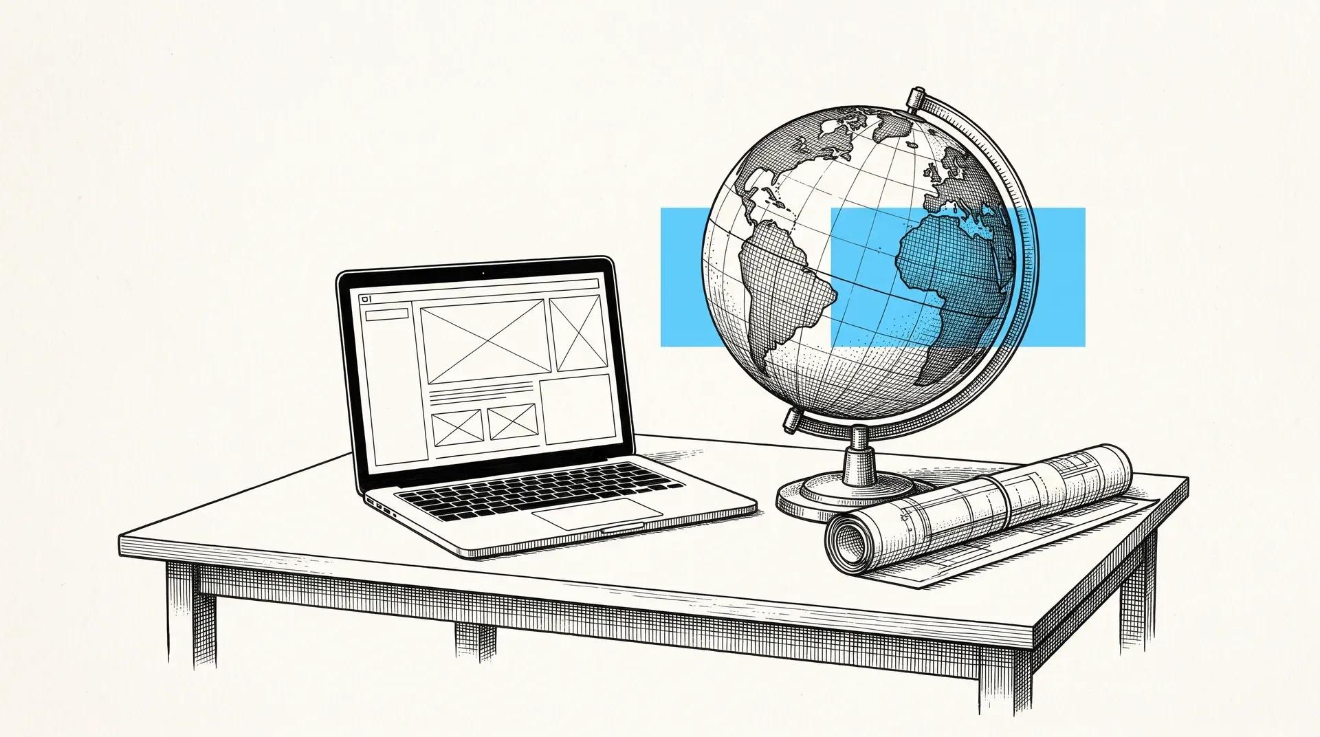 Etched plate of a drafting table with a laptop, a globe and rolled drawings