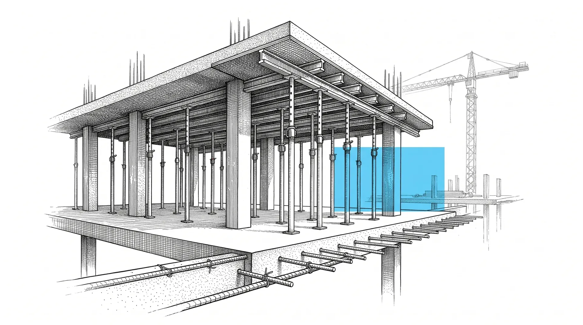 Etched plate of a concrete building under construction: a cured slab edge with rebar dowels for the next pour, steel shores under the floor above